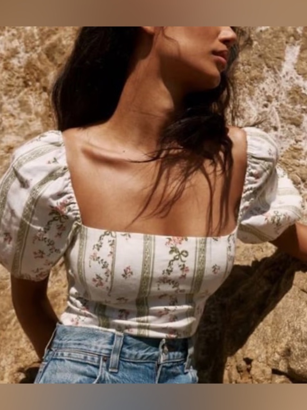 Reformation White Floral Square-Neck Puff Sleeve Crop Top